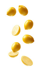 Falling lemon, isolated on white background, full depth of field