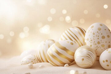 Luxurious arrangement of white and gold easter eggs on elegant background for holiday decor. Happy Easter concept