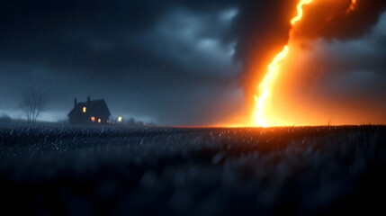 Fototapeta premium Fiery Storm Engulfs Rural House at Night