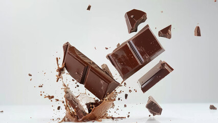A chocolate bar is captured in mid-air as it breaks into multiple pieces