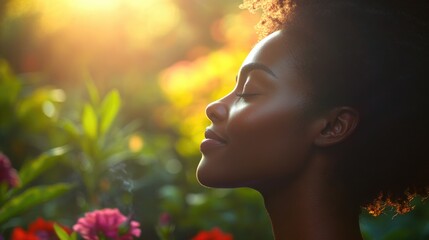 Fototapeta premium A woman relaxes in a field of colorful flowers, eyes closed