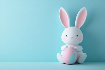 Obraz premium Minimalist easter bunny holding decorated egg on pastel background. Happy Easter concept