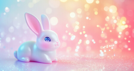 Obraz premium Cute bunny figurine in pastel bokeh background design for spring decor. Happy Easter concept