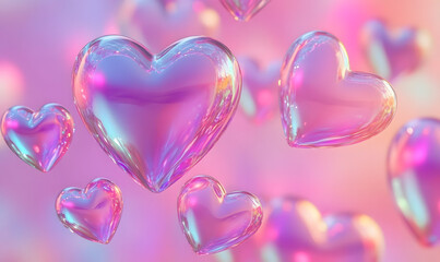 Obraz premium hearts on holographic on pink background, Generative AI