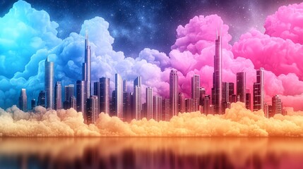 Fototapeta premium Night Cityscape in Colorful Clouds and Stars Digital Pixel Art
