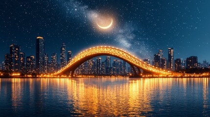 Obraz premium Night Cityscape With Illuminated Arch Bridge And Crescent Moon