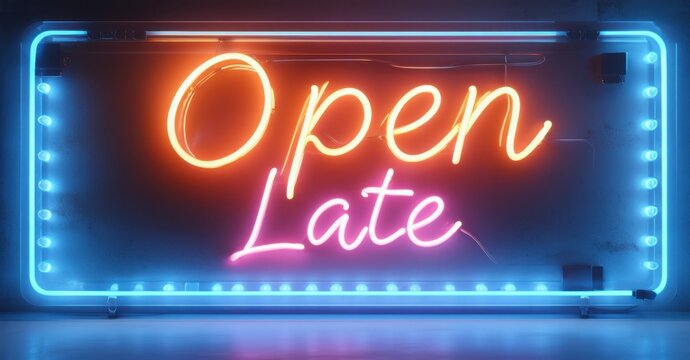 Neon sign reading Open Late glowing in warm golden and pink hues surrounded by a blue light frame The inviting ambiance evokes nightlife late night dining and urban energy
