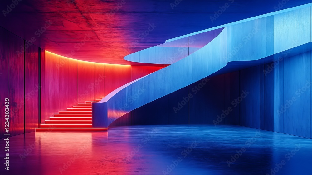Poster vibrant staircase illuminated by striking red and blue lights creating a dynamic and captivating atm