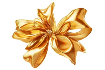 Fototapeta premium Elegant Gold Ribbon Bow, Luxurious Festive Decoration, Perfect for Holiday Designs, Gift Wrapping, Invitations, Cards, Banners, and Party Decorations. High-Resolution Image, Isolated on 
