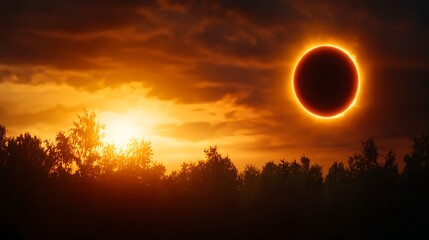 Obraz premium Fiery Sunset Eclipse Over Silhouetted Trees