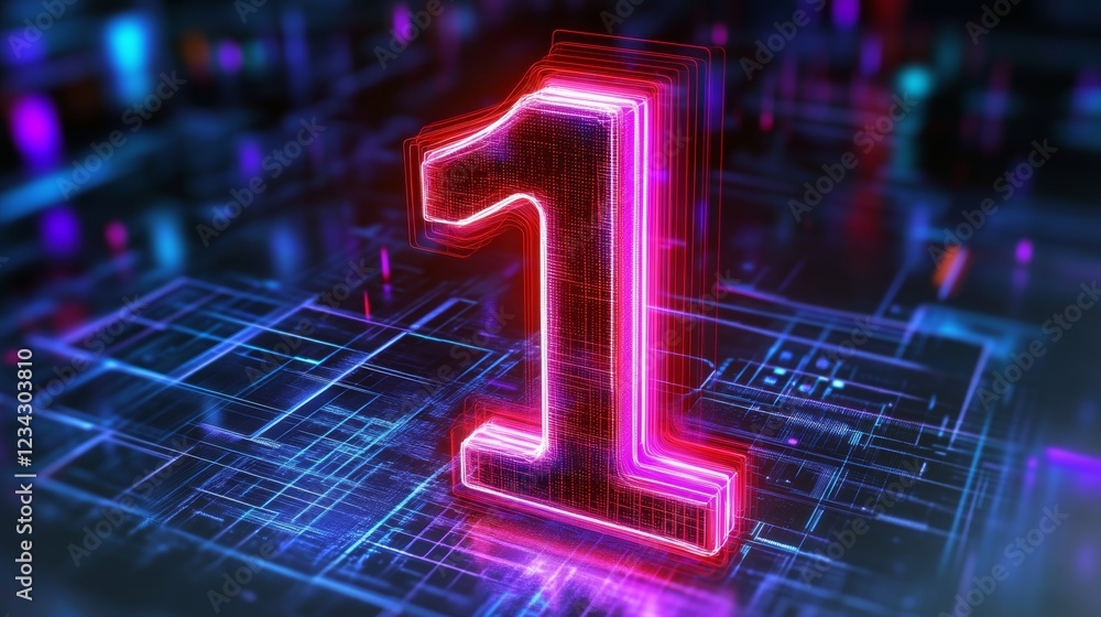 Poster glowing digital 3d number one on abstract circuit board background - futuristic technology concept