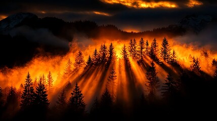 Naklejka premium Fiery Sunset Illuminates Foggy Mountain Forest