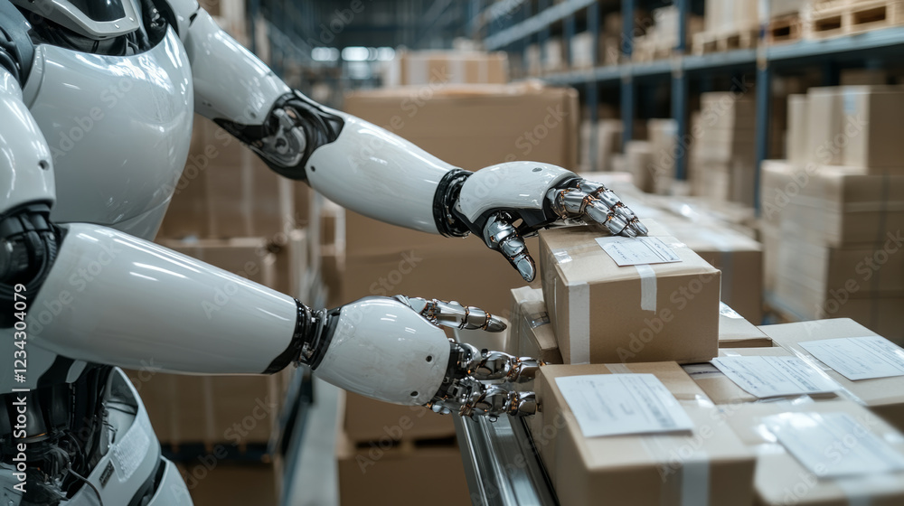 Poster robotic arm handling packages in warehouse, showcasing automation and efficiency in logistics. scene
