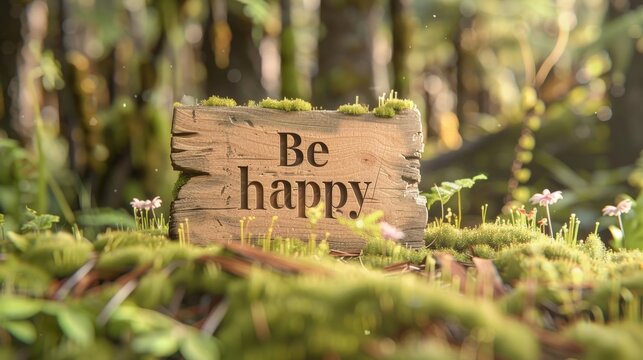 A sign that says "Be happy" is placed on a mossy forest floor. The sign is surrounded by green grass and wildflowers, creating a peaceful and serene atmosphere