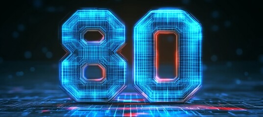 Glowing Digital Number 80 in Technology-Enhanced Futuristic Style, Set on Abstract Background