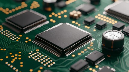 Obraz premium A close-up view of a circuit board featuring microchips and electronic components, showcasing intricate details of technology.