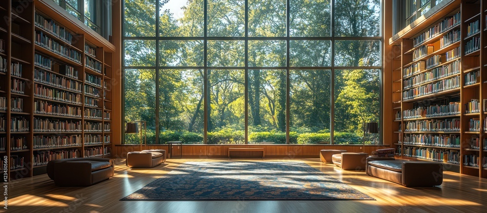 Poster spacious library with large windows overlooking a garden.