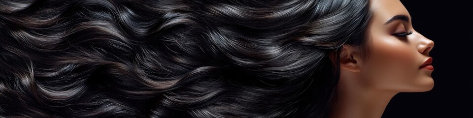 Fototapeta premium A close-up shot of a woman with long black hair, ideal for use in beauty or fashion contexts