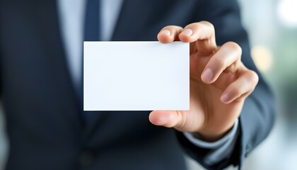A hand holding a blank white card, close-up focus, with a blurred professional background, creating a clean and minimalistic look.