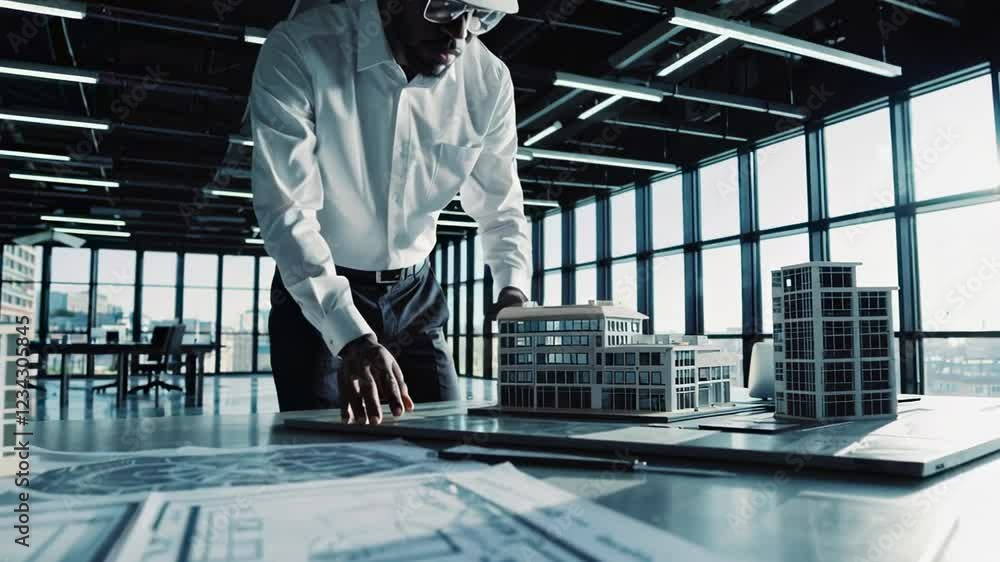 Aufkleber Professional architect working on a scale model of a building complex, carefully placing miniature buildings on the model while blueprints lay on the table