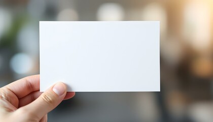 Obraz premium A hand holding a blank white card, close-up focus, with a blurred professional background, creating a clean and minimalistic look.