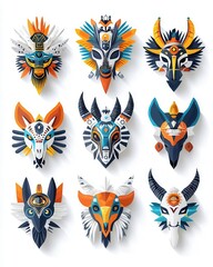 Colorful and artistic animal masks displayed in a creative arrangement, showcasing intricate designs and vibrant colors.
