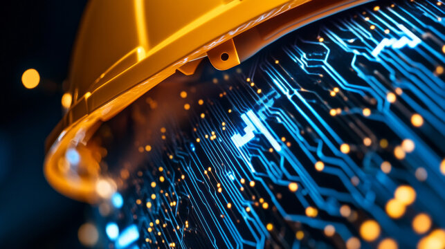close up of yellow hard hat with digital circuit pattern in background, symbolizing technology in construction and safety
