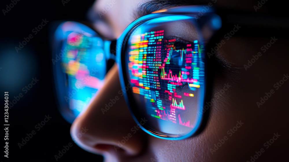 Poster close up of person face wearing glasses, reflecting colorful data charts and graphs, symbolizing tec