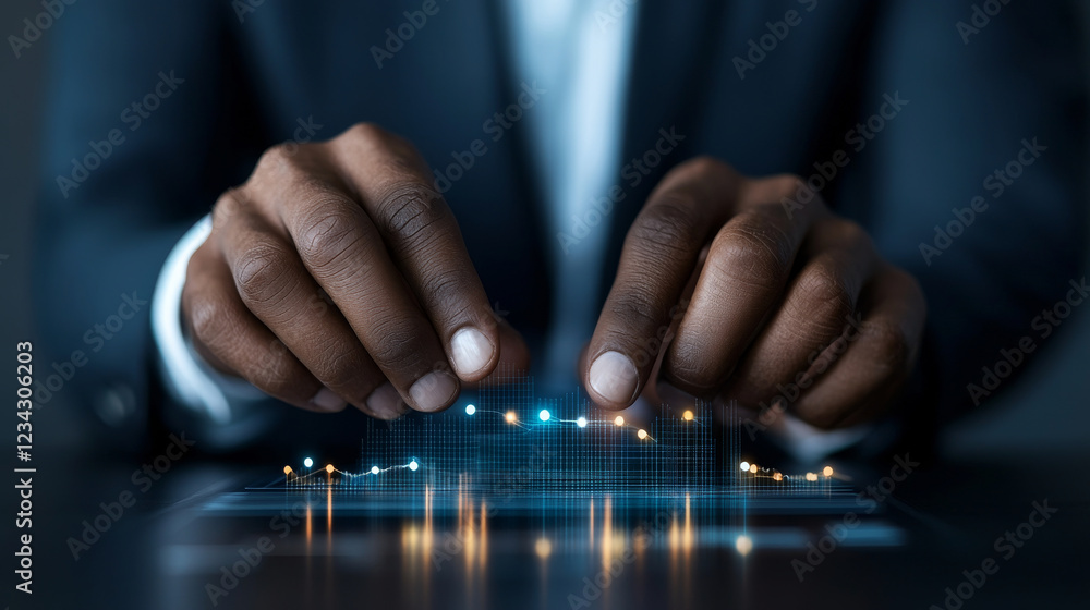 Aufkleber business professional analyzing data trends on digital interface, showcasing hands interacting with 
