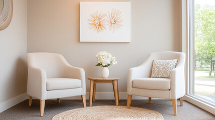 Cozy living room with two light chairs, small table, and flower vase. soft decor creates warm and inviting atmosphere, perfect for relaxation