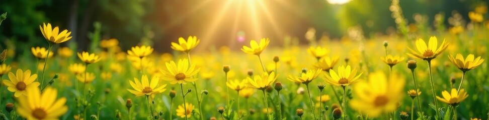 Fototapeta premium sunbeams filter through yellow wildflowers in a lush meadow landscape, bloom, flowers, rays