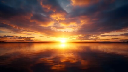 Obraz premium Fiery Sunset Over Calm Ocean Water