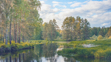 Fototapeta premium Painting of a forest with a river running through it
