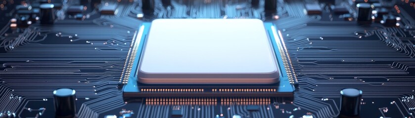 A close-up view of a microprocessor on a circuit board, highlighting its intricate design and technological details.