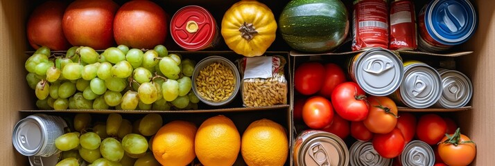 A top view of a food donation box with fresh produce and canned goods