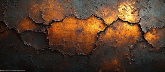 Naklejka premium Cracked, rusty metal texture with orange and brown hues.