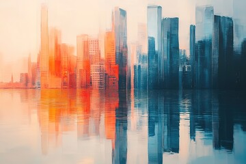 Urban Symphony: A Modern Abstract Painting of Glimmering Skyscrapers, Capturing the Vibrant Energy and Architectural Majesty of a Thriving Metropolis. Perfect for Modern Interior Design,    