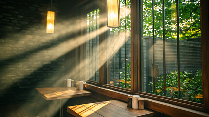Sunlight streaming through windows in a serene café, creating a warm atmosphere with greenery outside