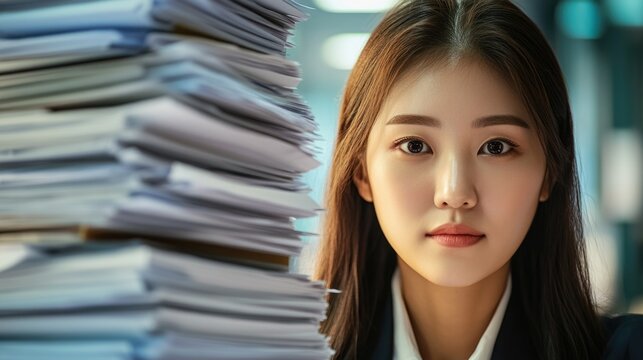 Professional female standing by files and documents, ideal for corporate or office use