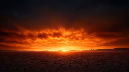 Fiery Sunset Over Cracked Desert Landscape