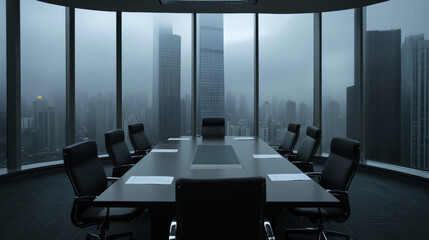 modern conference room with large table and black chairs, overlooking foggy city skyline. atmosphere is professional and somber, ideal for business meetings