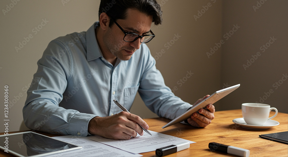 Poster man writing on paper at desk using tablet. man working at wooden desk with tablet and documents