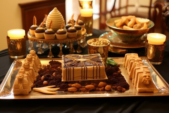 Delicious pastries and cake decorating a table with an ancient egypt theme, perfect for a themed party or celebration