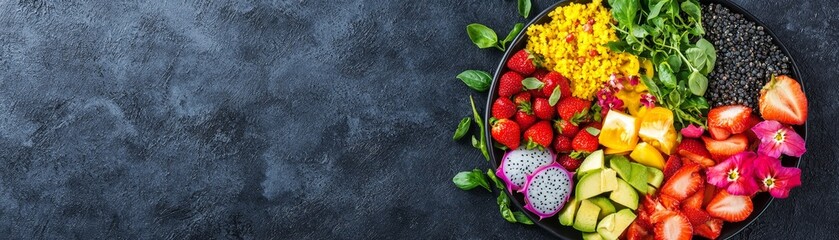 A vibrant arrangement of fresh fruits and leafy greens on a dark background, showcasing a colorful and healthy selection of produce.