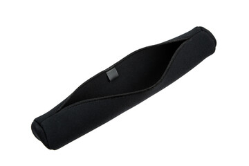 Black neoprene cover for optical sight, isolated on a white background.