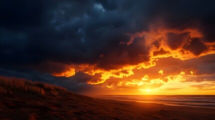Fiery Sunset Over Dark Ocean Waves