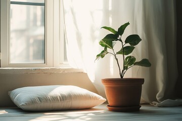 A small potted plant sits on a pillow next to a sunny window, perfect for adding some greenery to any room