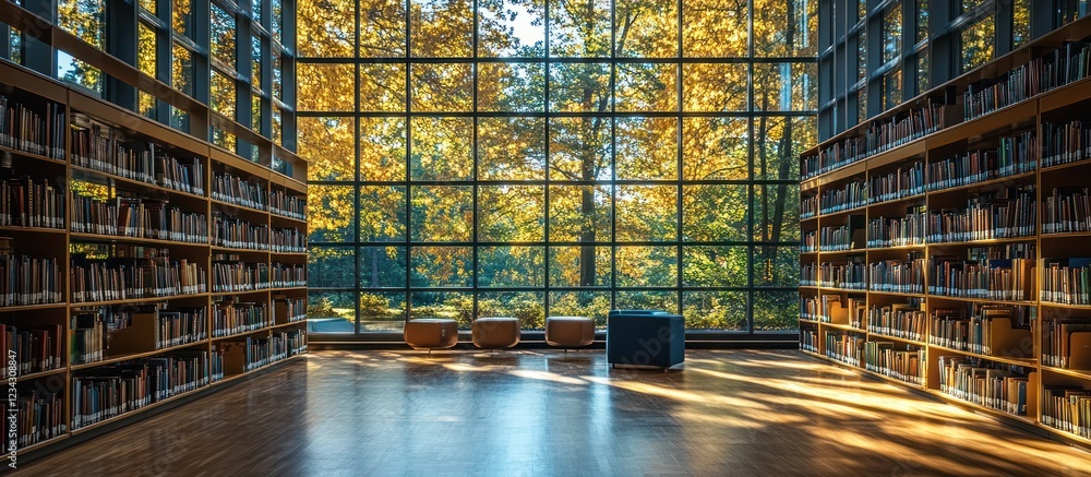 Poster spacious library with floor-to-ceiling bookshelves and large windows overlooking autumn trees.