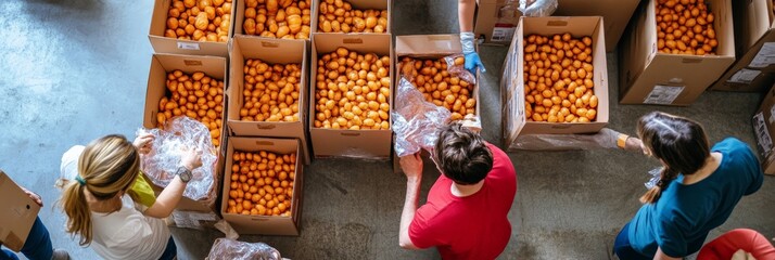 A top view of a food donation event with volunteers packing boxes