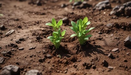 slender green shoots emerging from earthy soil, greenery, nature